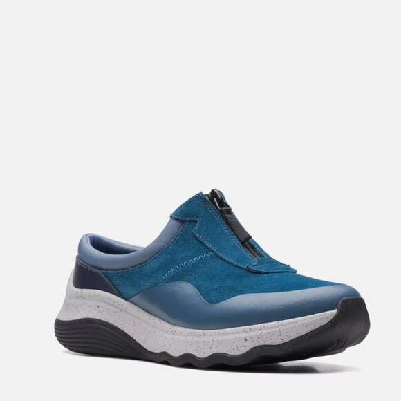 NEW Clarks Womens Jaunt Way Blue Suede Active Shoes Slip On - Picture 1 of 9